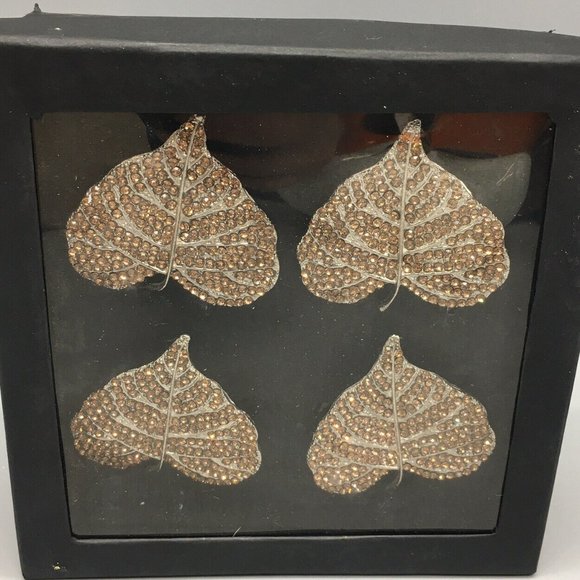 x12 Tahari Rhinestone Aspen Leaf Napkin Ring Set Elegant Fall Decor Thanksgiving - Picture 2 of 5